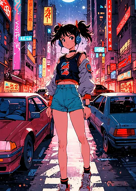 Anime Girl in Neon Cityscape