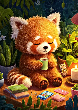 Red Panda with Coffee and Plants