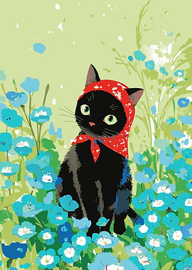 Black Cat in Flowers with Headscarf