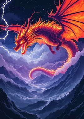 Fiery Dragon Over Mountain Landscape