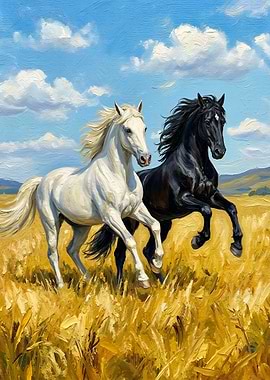 Two Horses Running in a Field