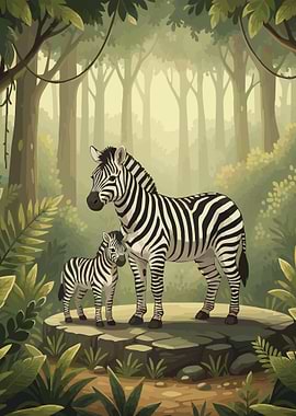 Zebra Family in Jungle Illustration