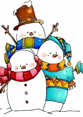 Stacked Snowmen Watercolor Illustration
