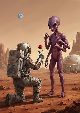 Astronaut offering rose to alien on Mars