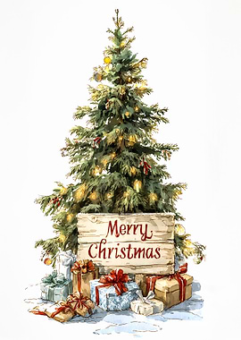 Watercolor Christmas Tree with Gifts