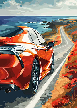 Orange Car Coastal Road Trip