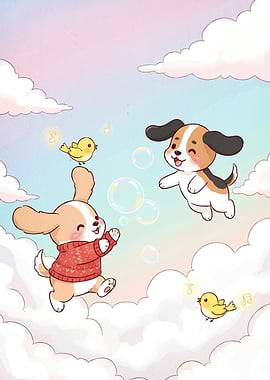 Cartoon Dogs and Birds Clouds