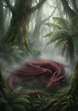 Red Dragon Resting in Misty Jungle