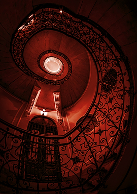 Red Spiral Staircase with Wrought Iron