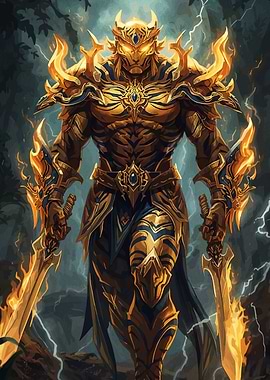Golden Armored Warrior Flaming Swords