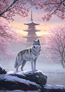 Wolf in Japanese Cherry Blossom Landscape
