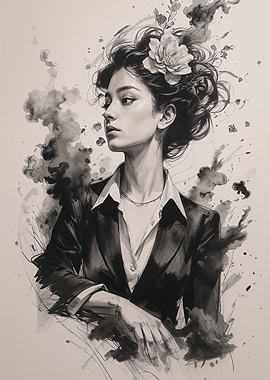 Elegant Woman in Suit, Floral Accent