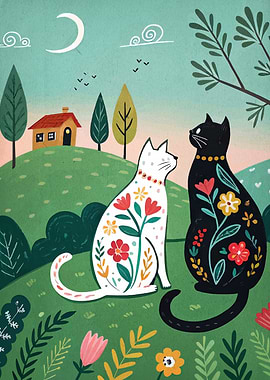 Floral Cats in a Landscape
