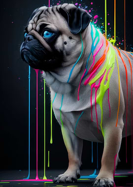 Pug with Neon Paint Drips