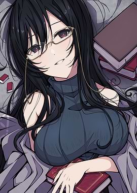 Anime girl with books and glasses