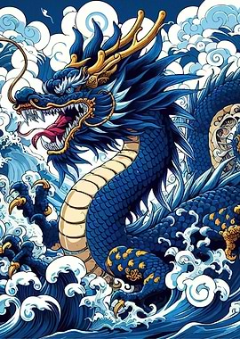 Dragon Amidst Waves and Clouds