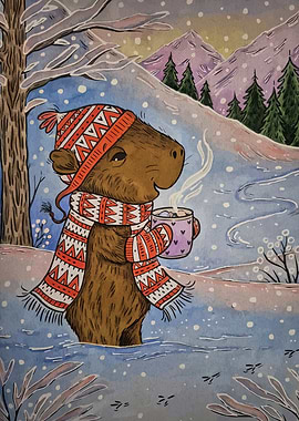 Capybara Winter Cocoa Watercolor Painting