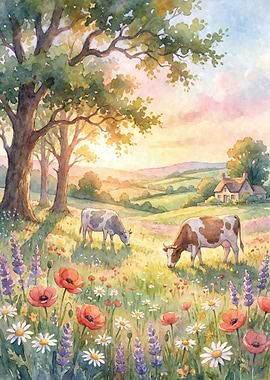 Watercolor Cows in a Meadow