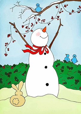 Snowman with Birds and Bunny Sack