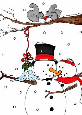 Snowman Couple with Squirrels in Winter