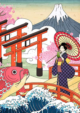 Japanese Landscape with Geisha and Koi