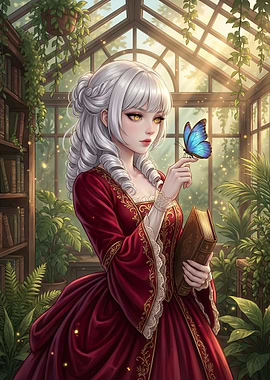 Anime girl with butterfly in greenhouse