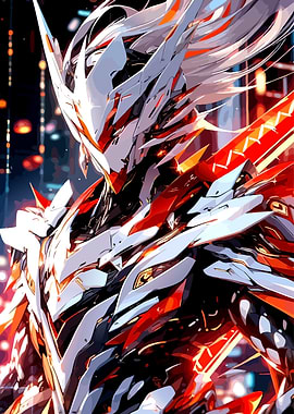 Futuristic Red and White Mecha Warrior