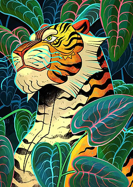 Tiger in Tropical Foliage Illustration