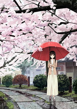 Anime girl with umbrella in the rain