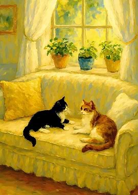 Cats on a Yellow Sofa Painting