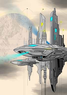 Futuristic Cityscape with Spaceships