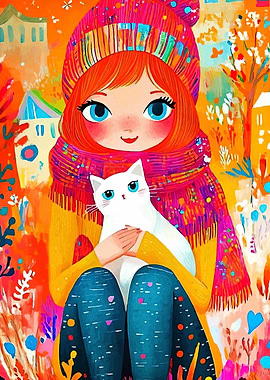 Girl with Cat in Colorful Illustration