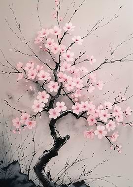 Cherry Blossom Tree Ink Painting