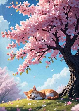 Cat Sleeping Under Cherry Blossom Tree