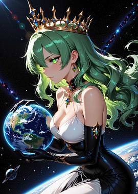 Anime Queen Holding Earth in Space