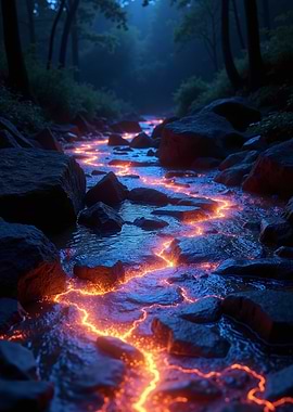 Glowing River Through Forest