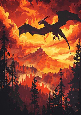 Dragon over fiery landscape