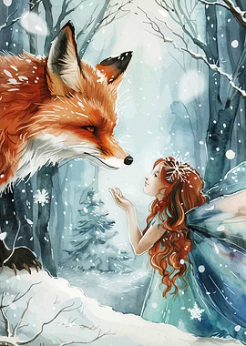 Winter Fairy and Fox Watercolor Art