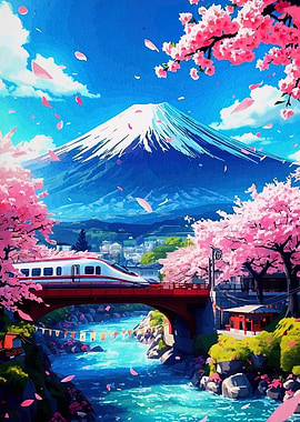 Mount Fuji and Bullet Train Landscape