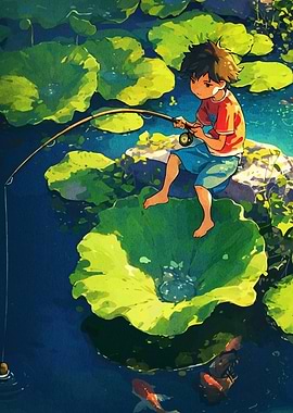 Boy fishing lotus leaf