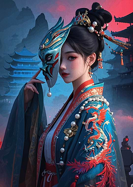 Asian Woman with Mask and Dragon