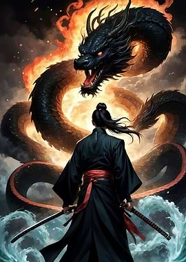 Samurai facing fiery dragon