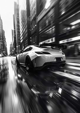 White Sports Car Speeding in City