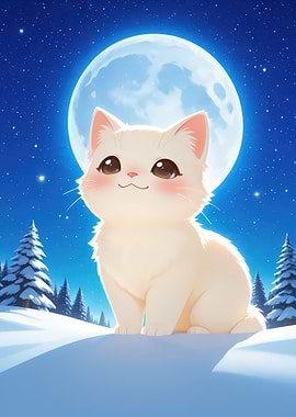 Cute White Cat Under Moonlight
