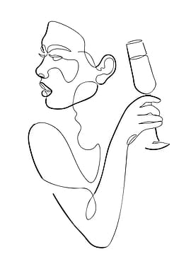 Woman with Wine Glass Line Art