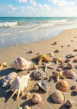 Seashells and Starfish on Sandy Sea Beach