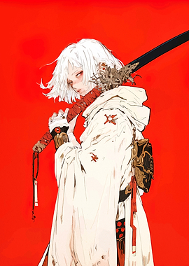 White-haired warrior with katana on red