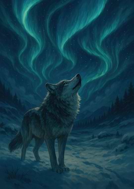 Wolf howling at the Aurora Borealis