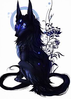 Mystical Three-Eyed Wolf with Floral Accent