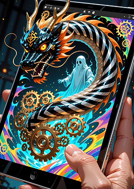 Dragon, Ghost, and Gears on Tablet